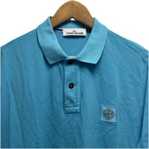Stone Island Men's Size Large Turquoise Blue Logo Patch Pique Cotton Polo Shirt
